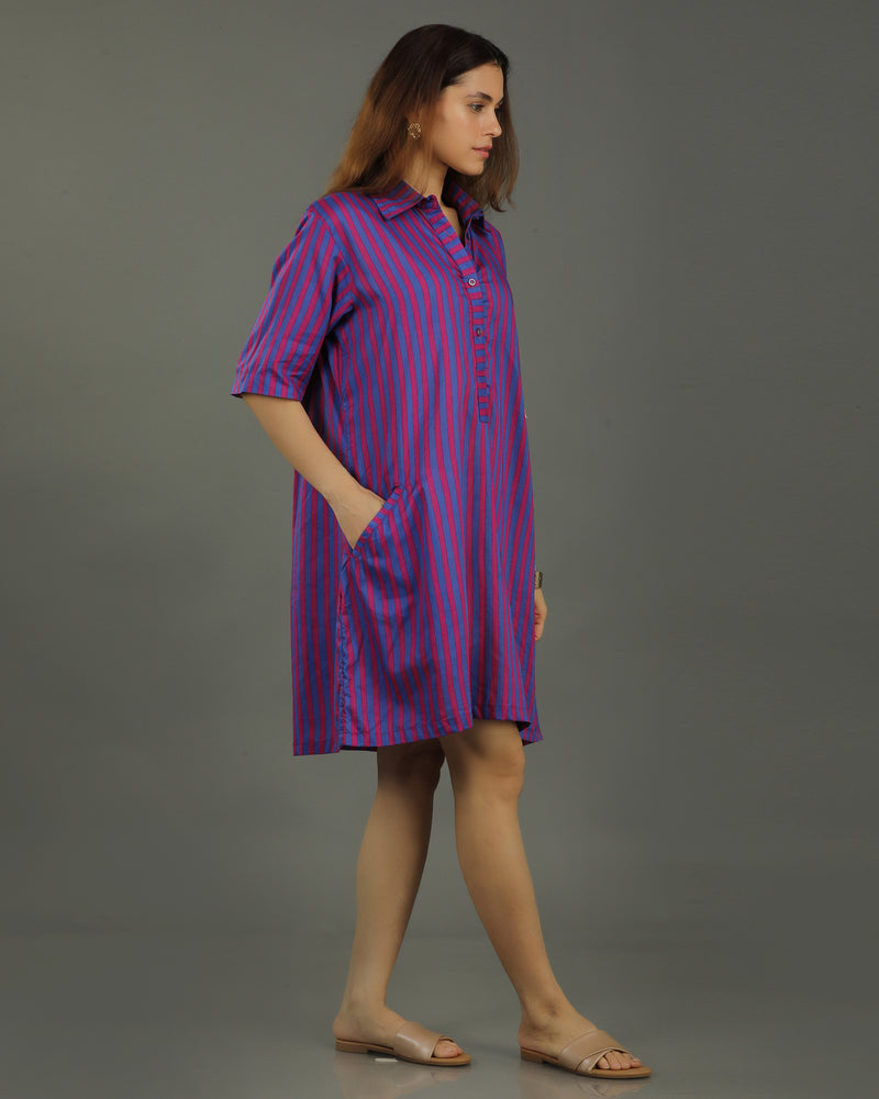 Plum Short A-line Cotton Dress – Magenta Stripes Print