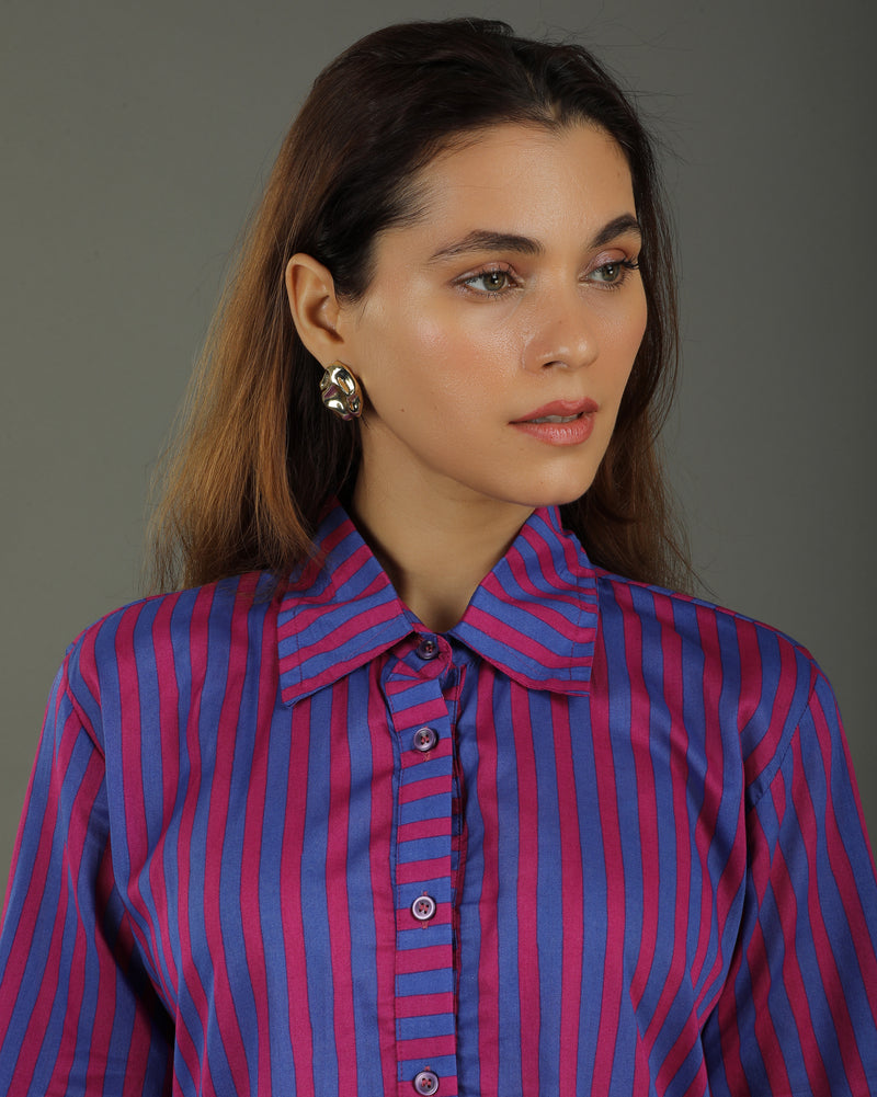 Plum Short A-line Cotton Dress – Magenta Stripes Print