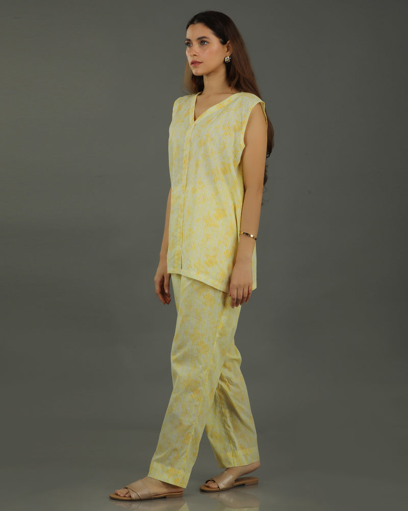Ray Buttoned Sleeveless Cotton Coord Set – Yellow Print