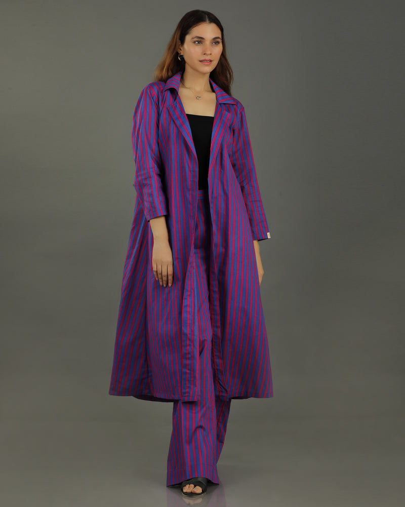 Plum Long Open Cotton Jacket – Magenta Stripes Print
