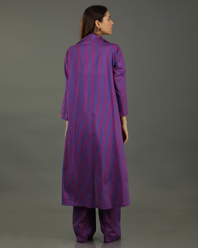 Plum Long Open Cotton Jacket – Magenta Stripes Print
