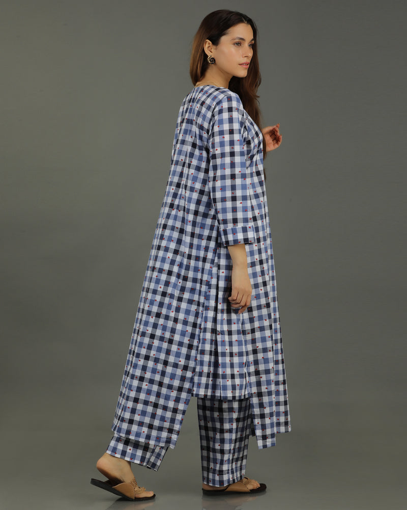 Gingham Long Abstract Cotton Kurta Set – Indigo Checks Print