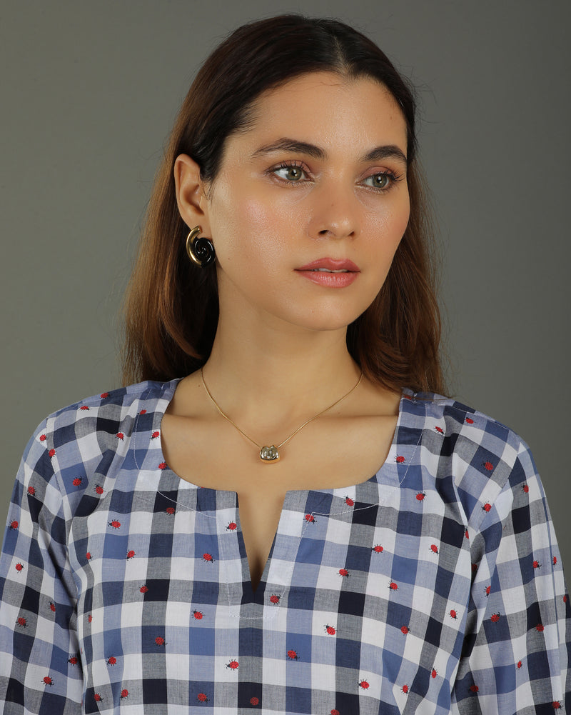 Gingham Long Abstract Cotton Kurta – Indigo Checks Print