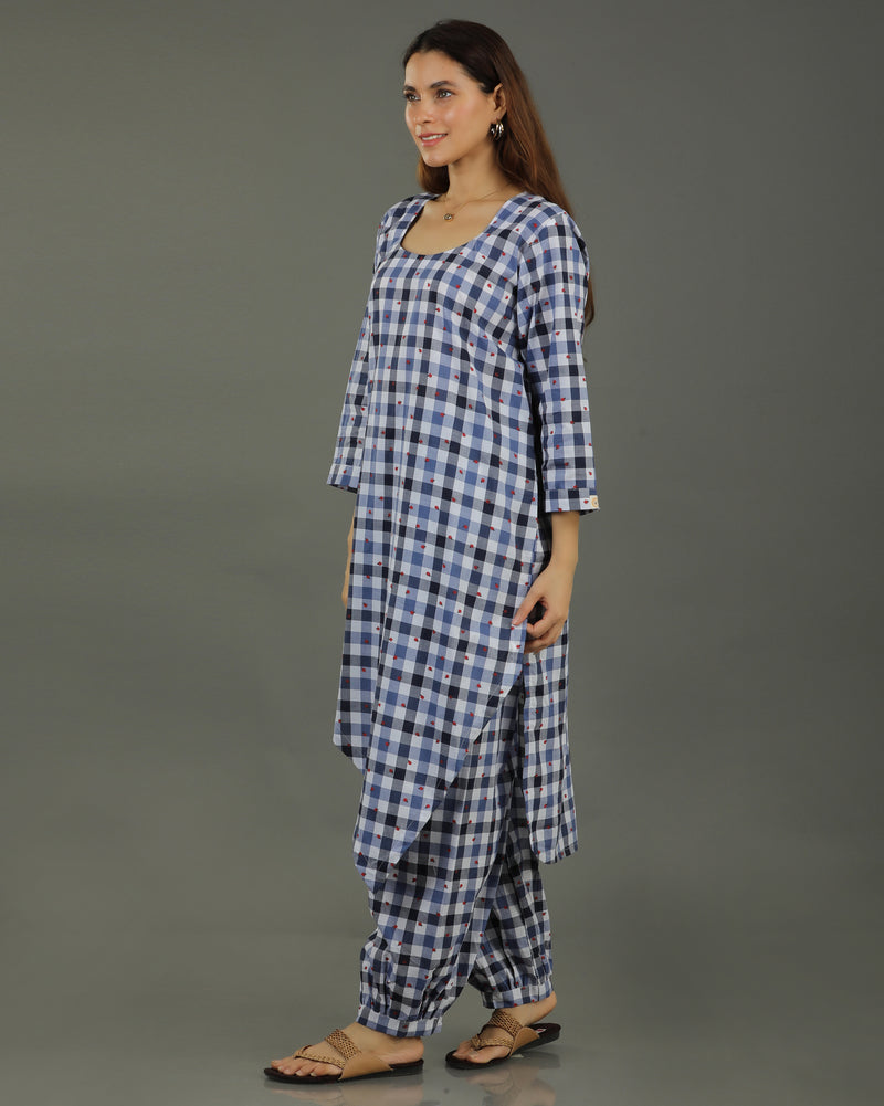 Gingham Long Overlap Cotton Kurta Set – Indigo Checks Print