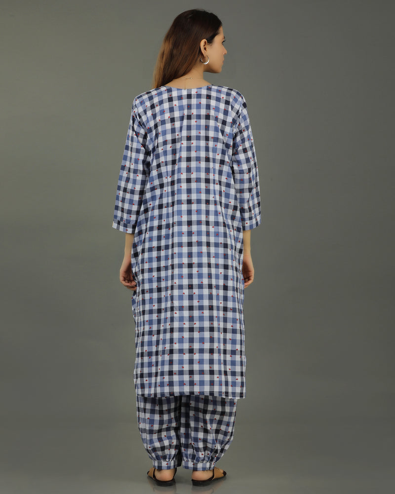 Gingham Long Overlap Cotton Kurta Set – Indigo Checks Print