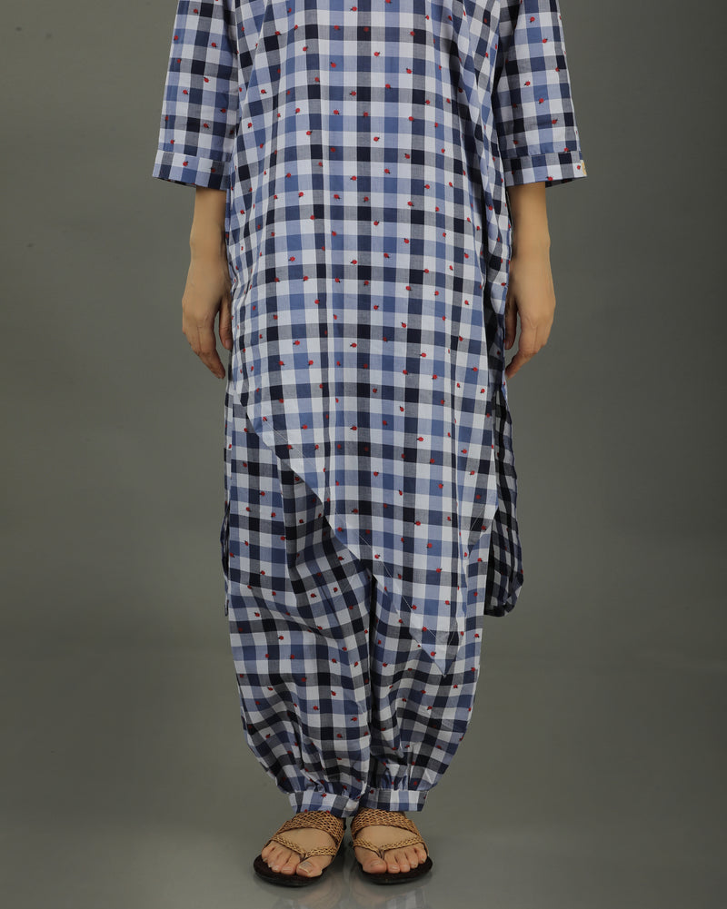 Gingham Long Overlap Cotton Kurta Set – Indigo Checks Print