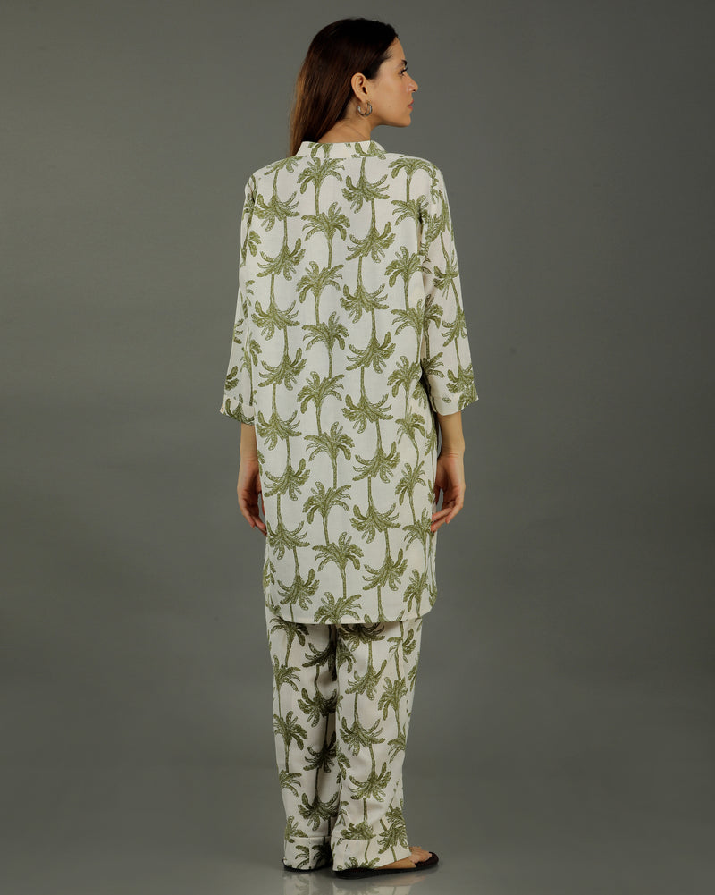 Tropical Mid-Length Cotton Kurta Set – White & Olive Print