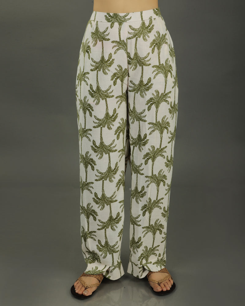 Tropical Mid-Length V-Neck Cotton Kurta Set – White & Olive Print