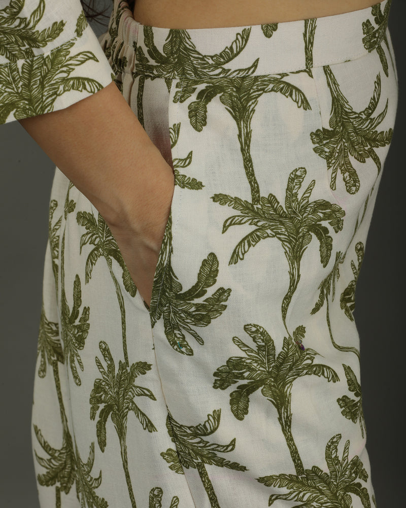 Tropical Mid-Length V-Neck Cotton Kurta Set – White & Olive Print