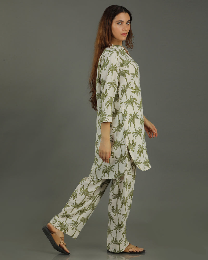 Tropical Mid-Length Cotton Kurta Set – White & Olive Print