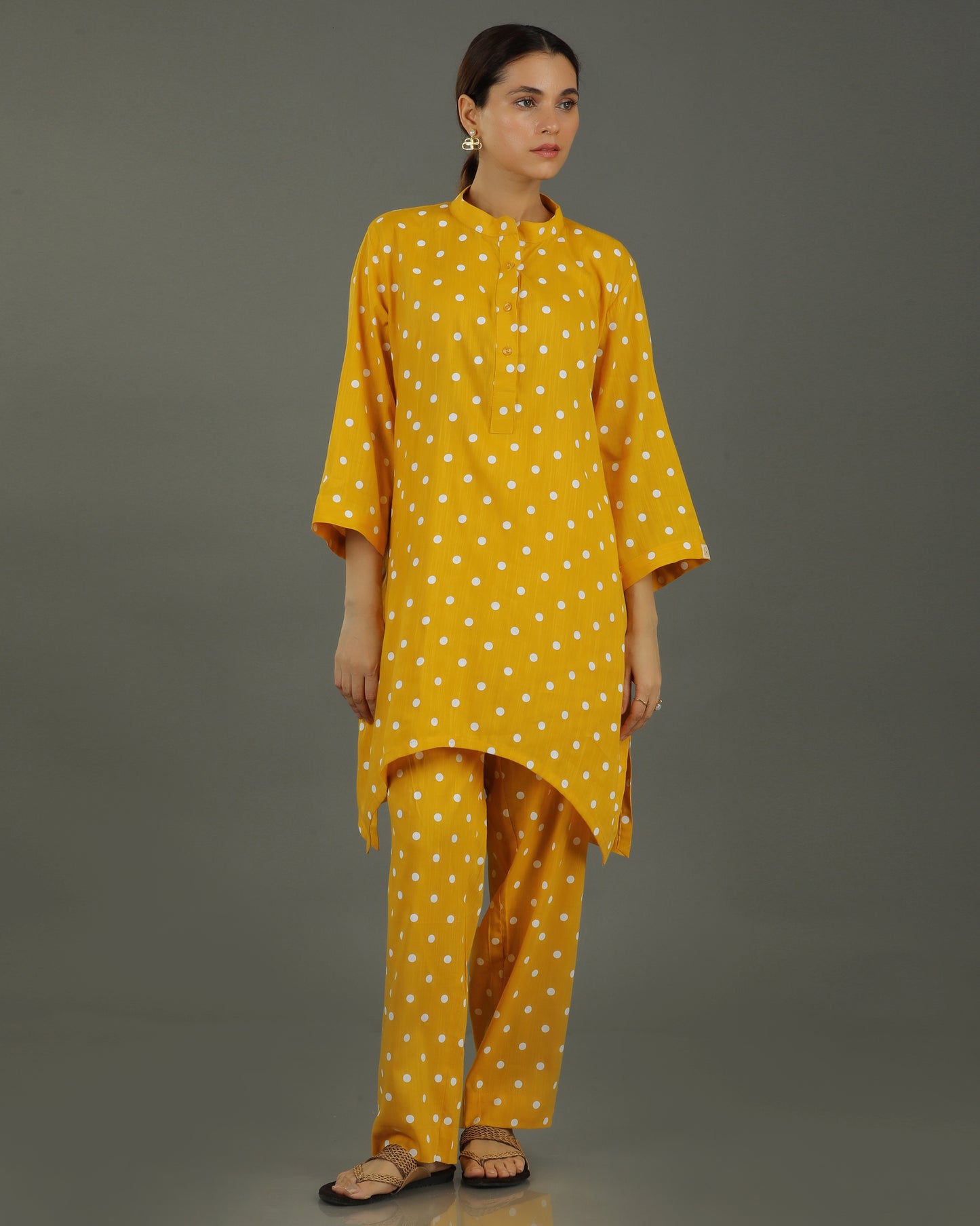 Sunshine Mid-Length Deepcut Cotton Kurta – Mustard Print