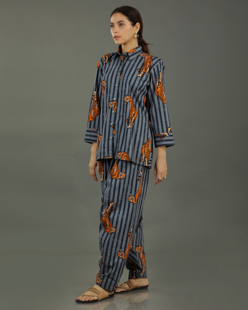 Wildrade Short Cotton Coord Set – Charcoal Tiger Print
