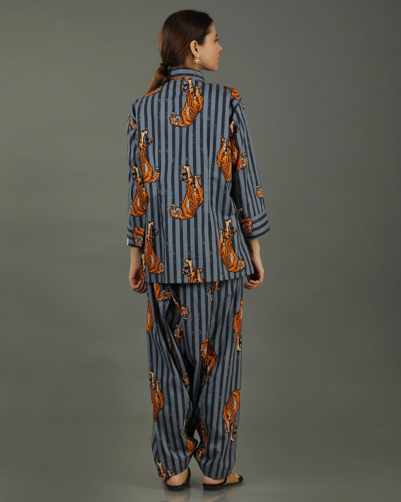 Wildrade Short Cotton Coord Set – Charcoal Tiger Print