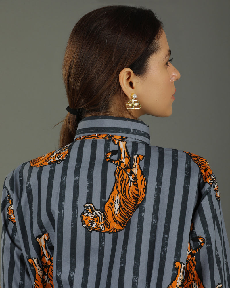 Wildrade Short Cotton Coord Set – Charcoal Tiger Print