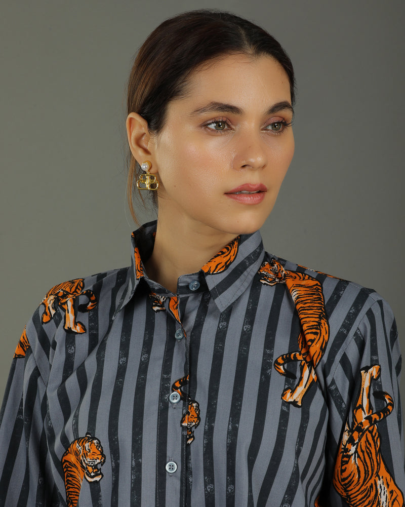 Wildrade Short Cotton Coord Set – Charcoal Tiger Print