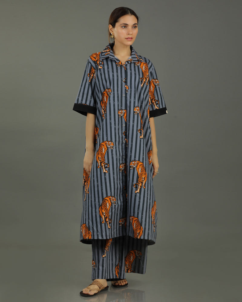 Wildrade Long Cotton Coord Set – Charcoal Tiger Print