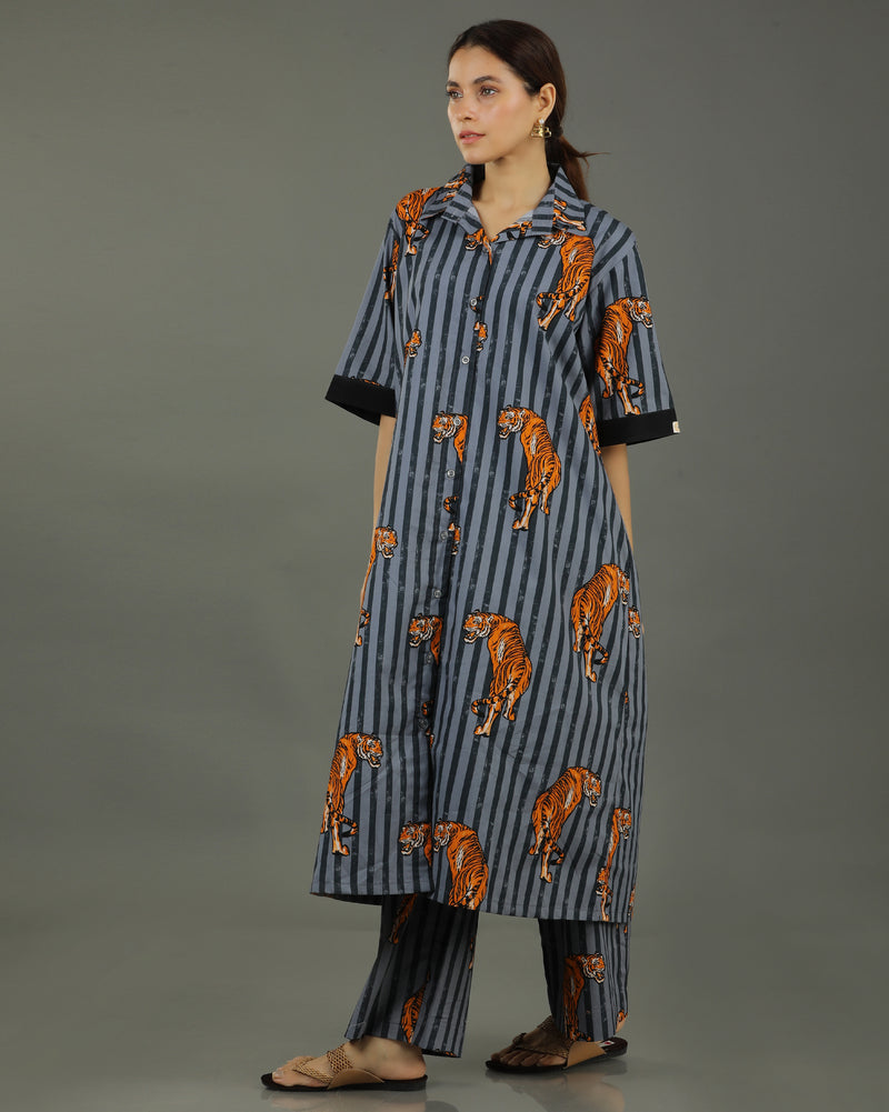 Wildrade Long Cotton Coord Set – Charcoal Tiger Print