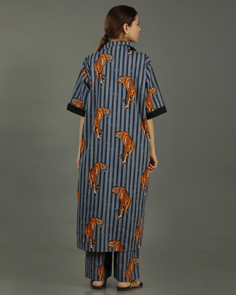 Wildrade Long Cotton Coord Set – Charcoal Tiger Print