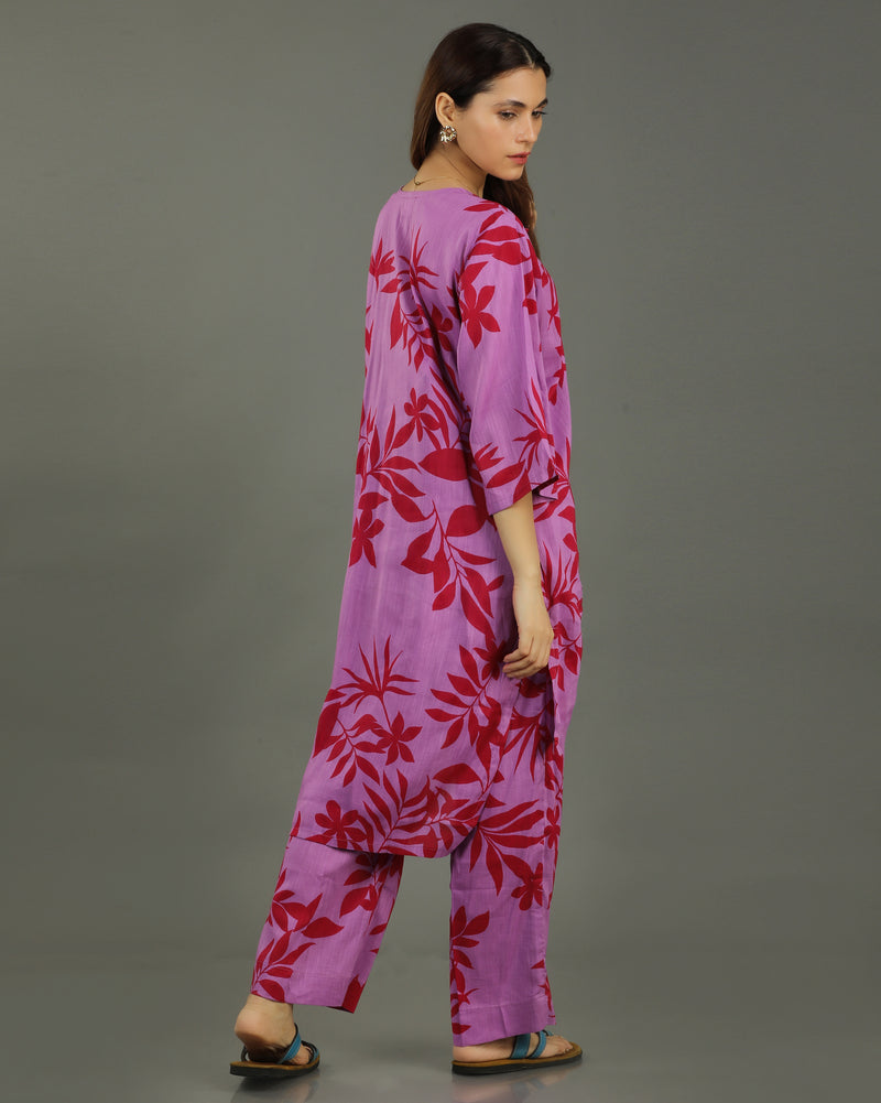 Redscape High-Low Cotton Kurta Set – Lavender & Red Print