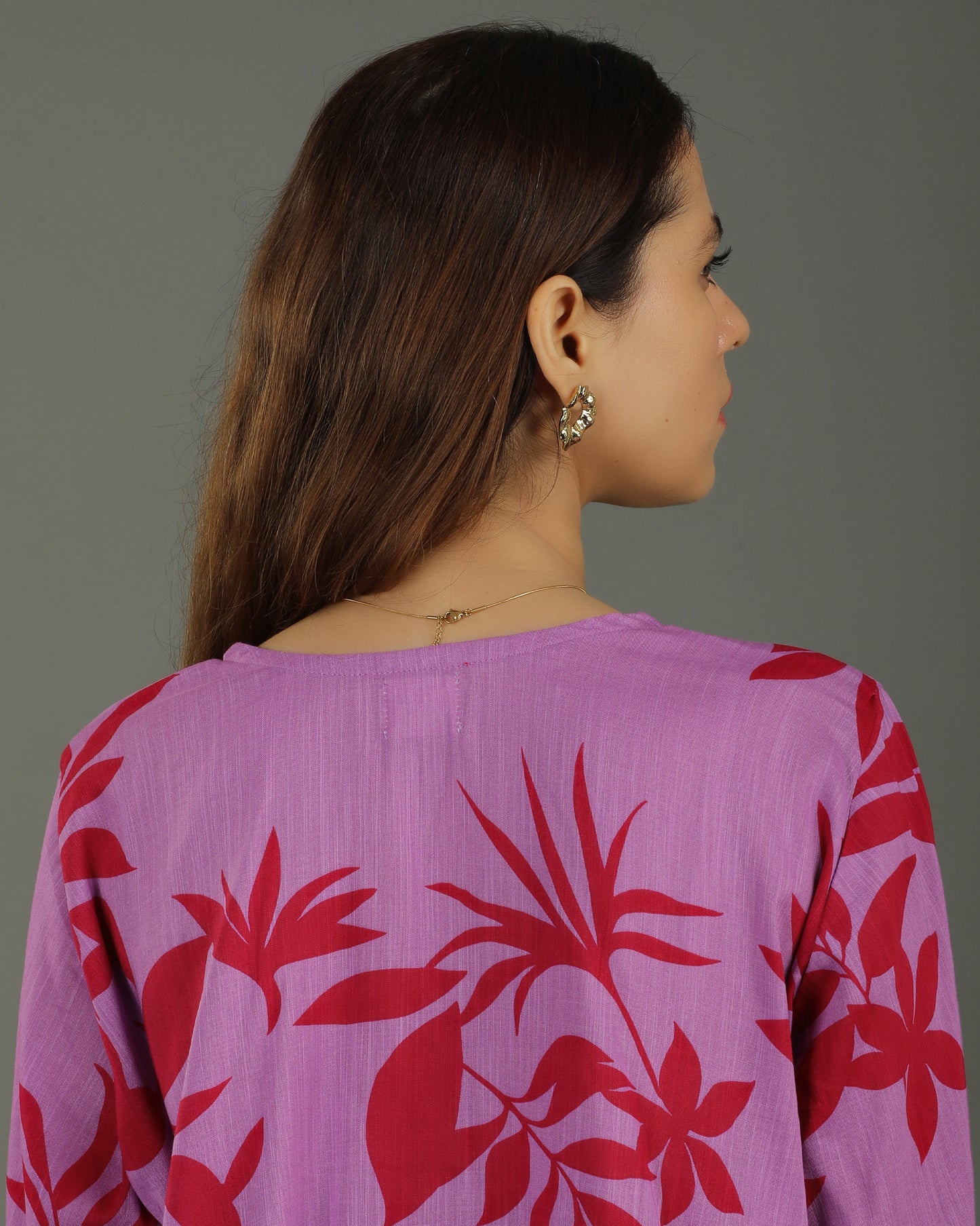 Redscape High-Low Cotton Kurta – Lavender & Red Print