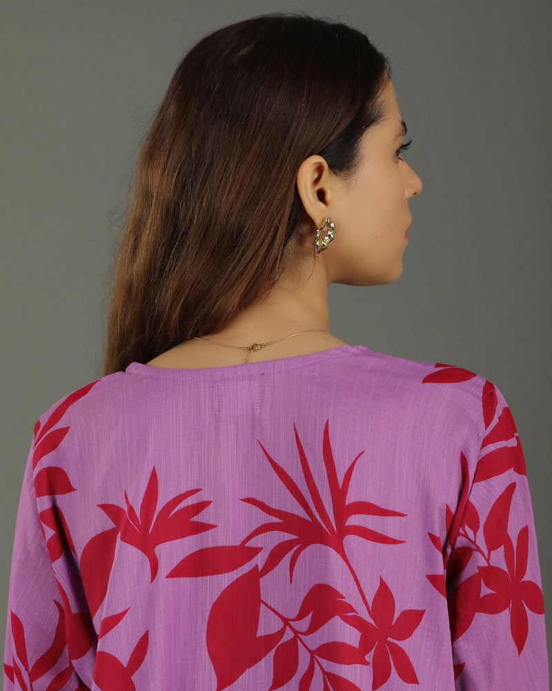 Redscape High-Low Cotton Kurta Set – Lavender & Red Print