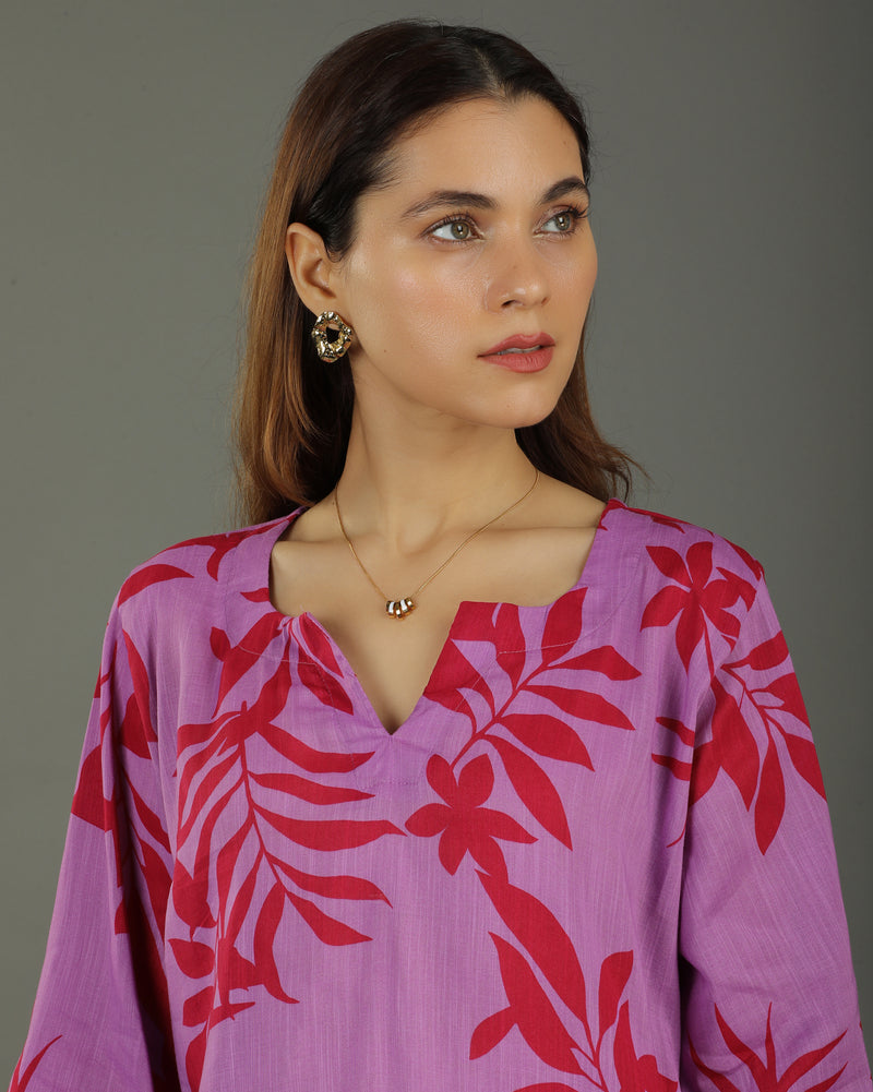 Redscape High-Low Cotton Kurta Set – Lavender & Red Print