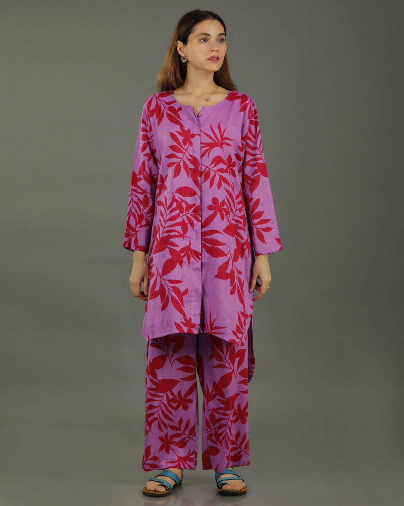 Redscape High-Low Front Buttoned Cotton Kurta – Lavender & Red Print