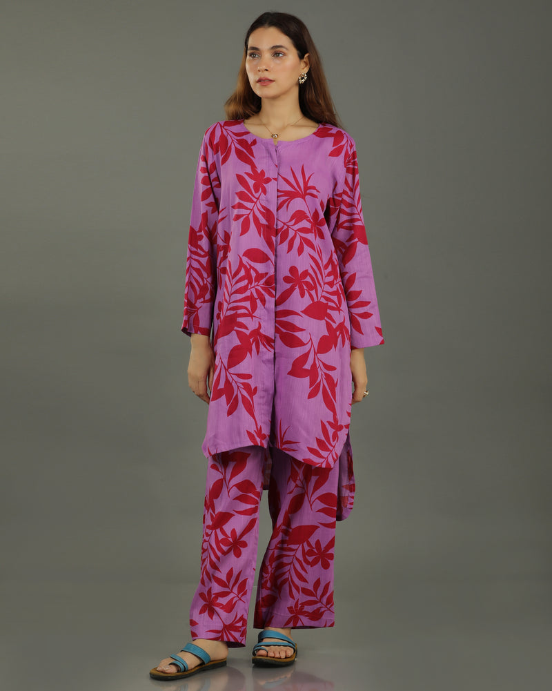 Redscape High-Low Front Buttoned Cotton Kurta – Lavender & Red Print