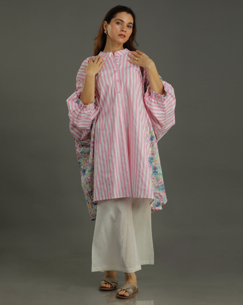 Bloom Balloon Oversized Cotton Shirt – Pink Stripes Print