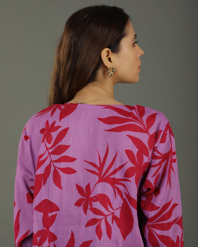 Redscape High-Low Front Buttoned Cotton Kurta Set– Lavender & Red Print