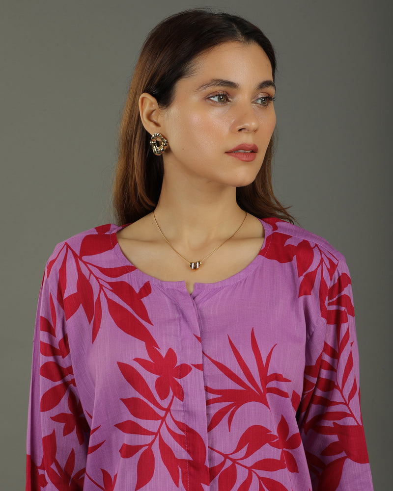 Redscape High-Low Front Buttoned Cotton Kurta Set– Lavender & Red Print