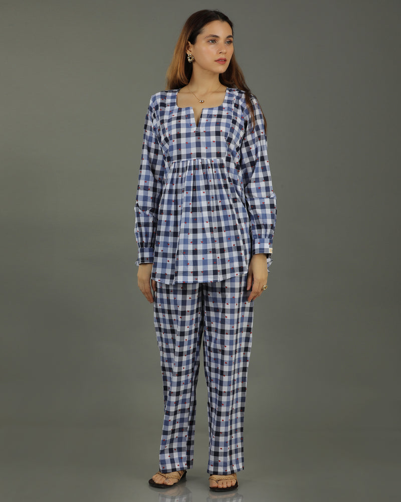 Gingham Short Pleated Cotton Top – Indigo Checks Print