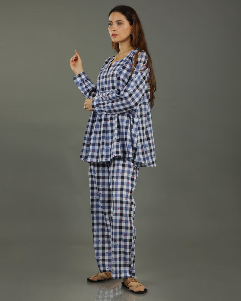 Gingham Short Pleated Cotton Top – Indigo Checks Print