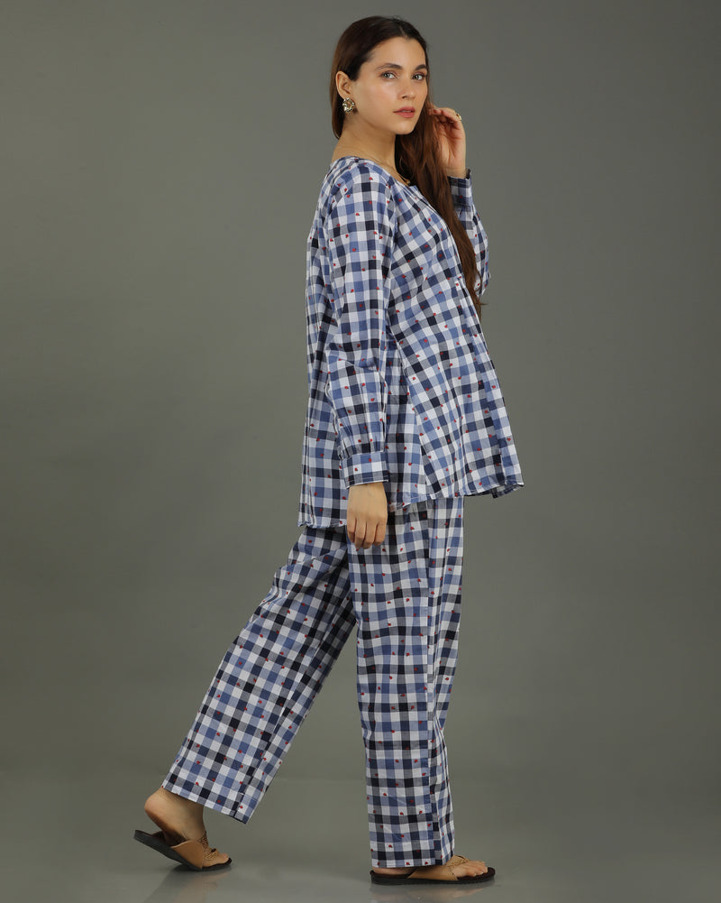 Gingham Short Pleated Cotton Top – Indigo Checks Print