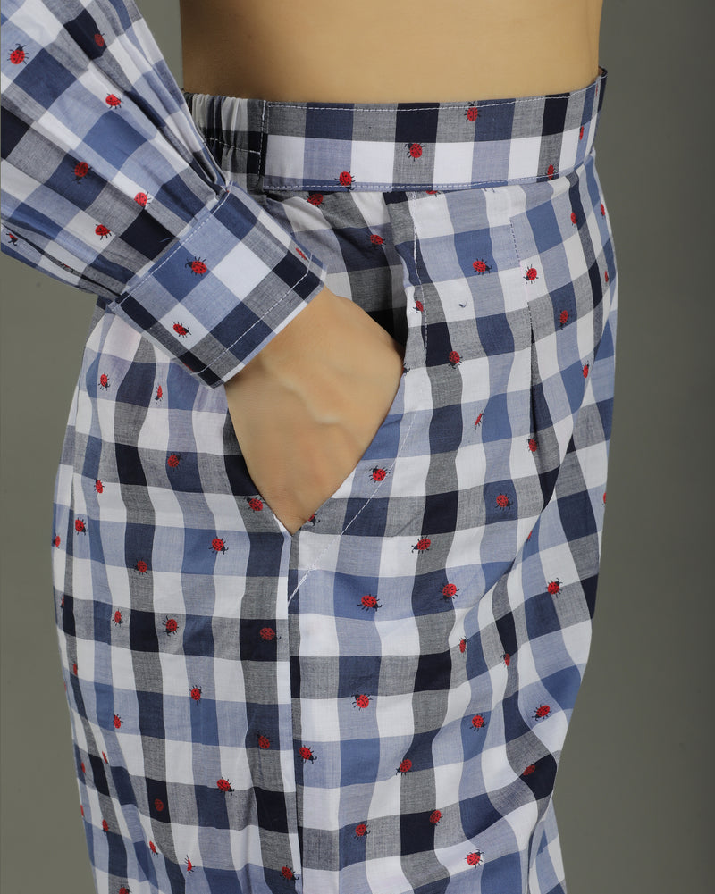 Gingham Short Pleated Cotton Coord Set – Indigo Checks Print