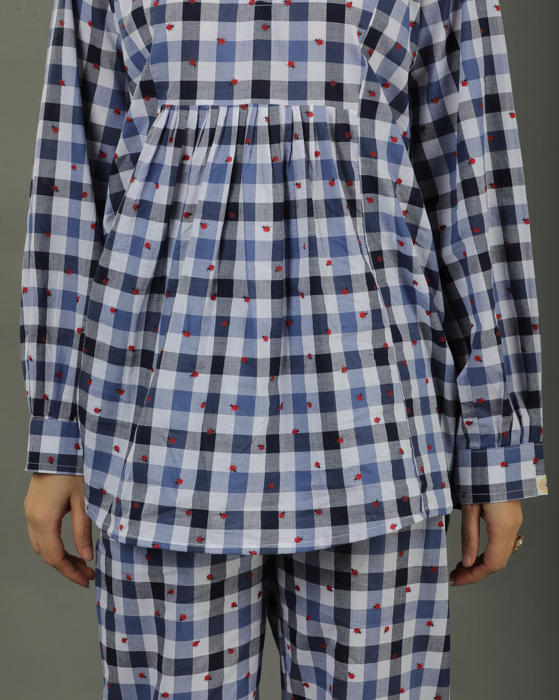 Gingham Short Pleated Cotton Top – Indigo Checks Print