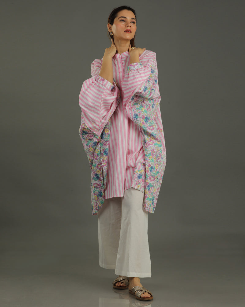 Bloom Balloon Oversized Cotton Shirt – Pink Stripes Print