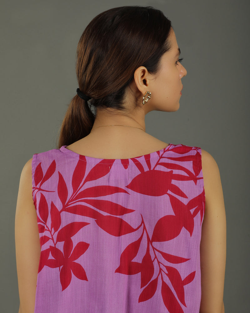 Redscape Short Sleeveless Cotton Kurta Set – Lavender & Red Print