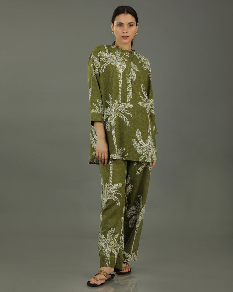 Palm Short Cotton Kurta – Olive Print