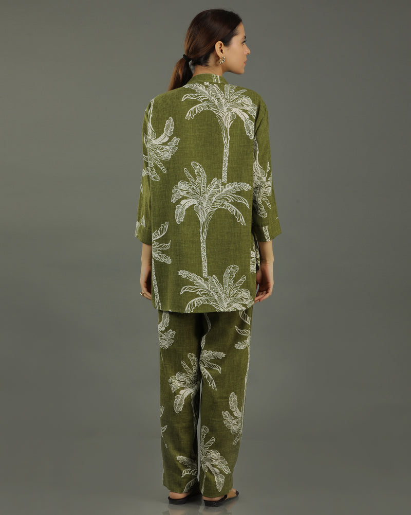 Palm Short Cotton Kurta Set – Olive Print