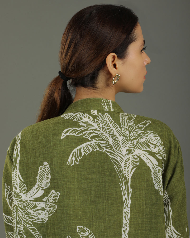 Palm Short Cotton Kurta Set – Olive Print