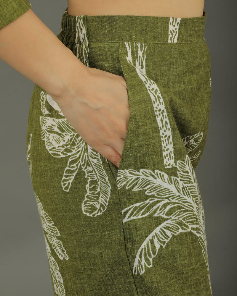 Palm Short Cotton Kurta Set – Olive Print