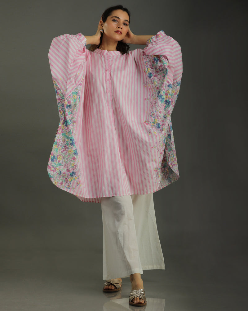 Bloom Balloon Oversized Cotton Shirt – Pink Stripes Print
