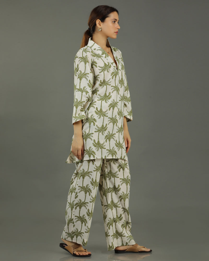 Tropical Mid-Length V-Neck Cotton Kurta Set – White & Olive Print