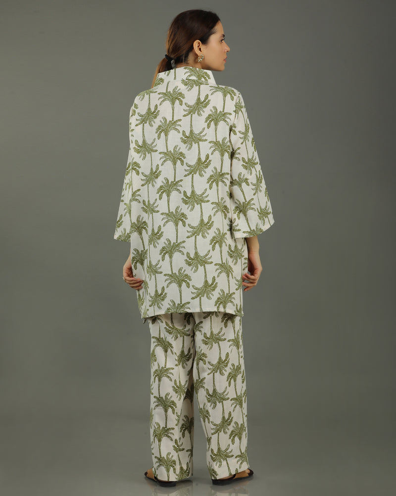 Tropical Mid-Length V-Neck Cotton Kurta Set – White & Olive Print