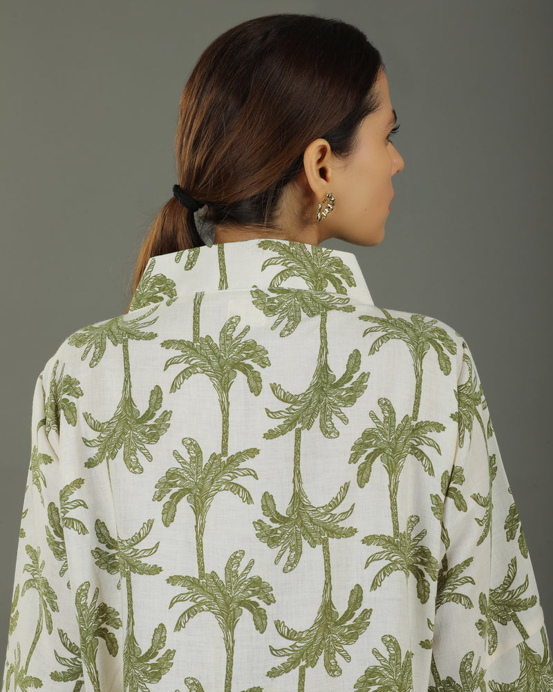 Tropical Mid-Length V-Neck Cotton Kurta Set – White & Olive Print