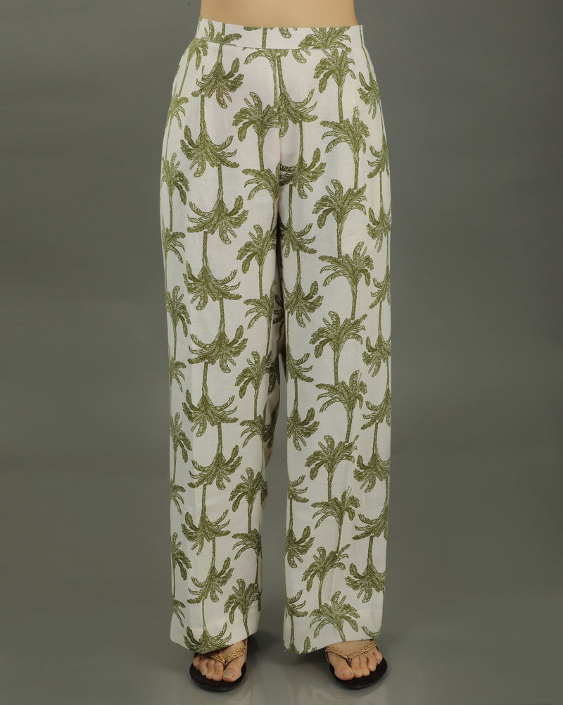 Tropical Mid-Length Cotton Kurta Set – White & Olive Print