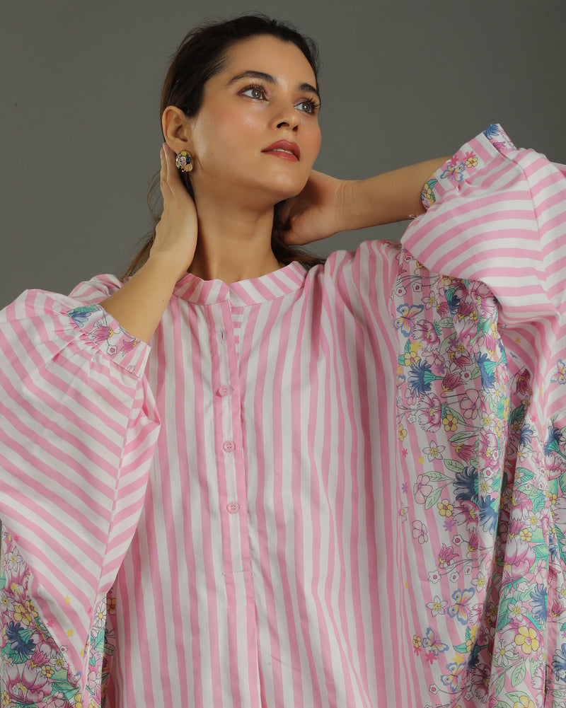 Bloom Balloon Oversized Cotton Shirt – Pink Stripes Print