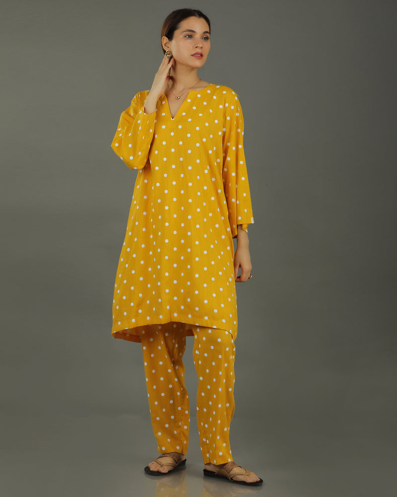 Sunshine Mid-Length A-line Cotton Kurta Set – Mustard Print