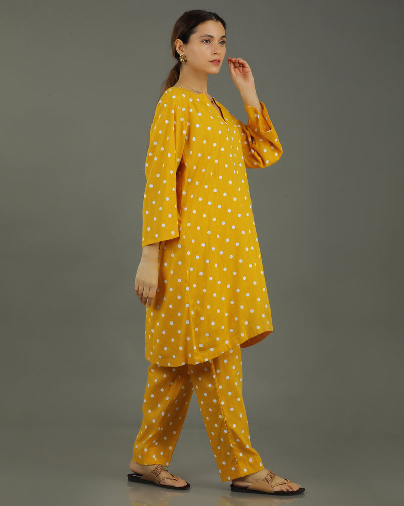 Sunshine Mid-Length A-line Cotton Kurta Set – Mustard Print